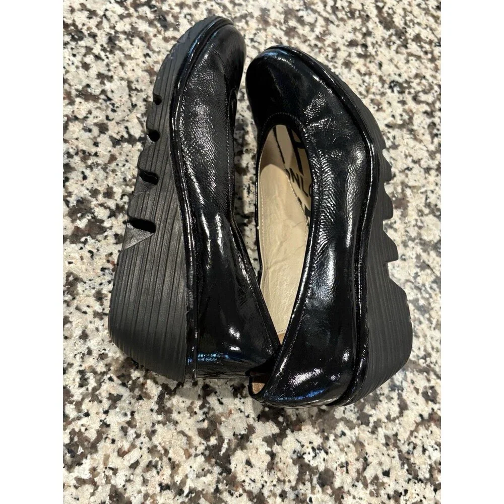 Fly London Yoni Shoes Women’s EU 36 Black Patent Leather Wedge Heel‎ Slip On